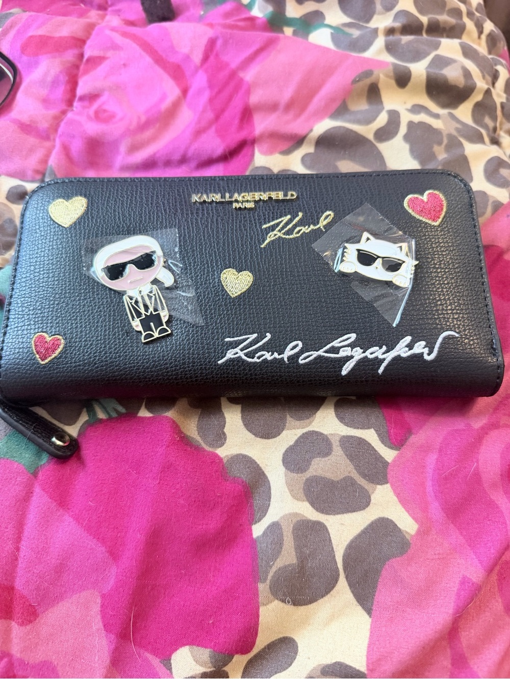 Karl Lagerfeld Black Zip Wallet with Gold and Pink Heart Accents